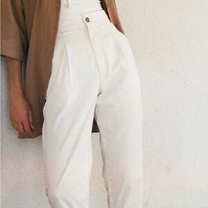 Cream High-Waisted Textured Trousers